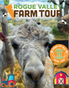 Photo of alpaca with words "Rogue Valley Farm Tour" at the top and "Free to All July 20 2025 10am - 3pm" in the middle of the page. Images of a tractor, a barn, and honey bees.